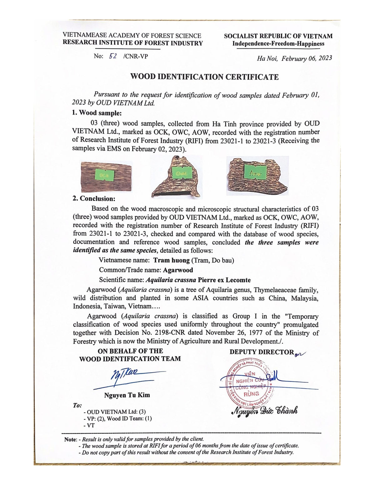 Oud Vietnam Wood Identification Certificate awarded by VAFS.