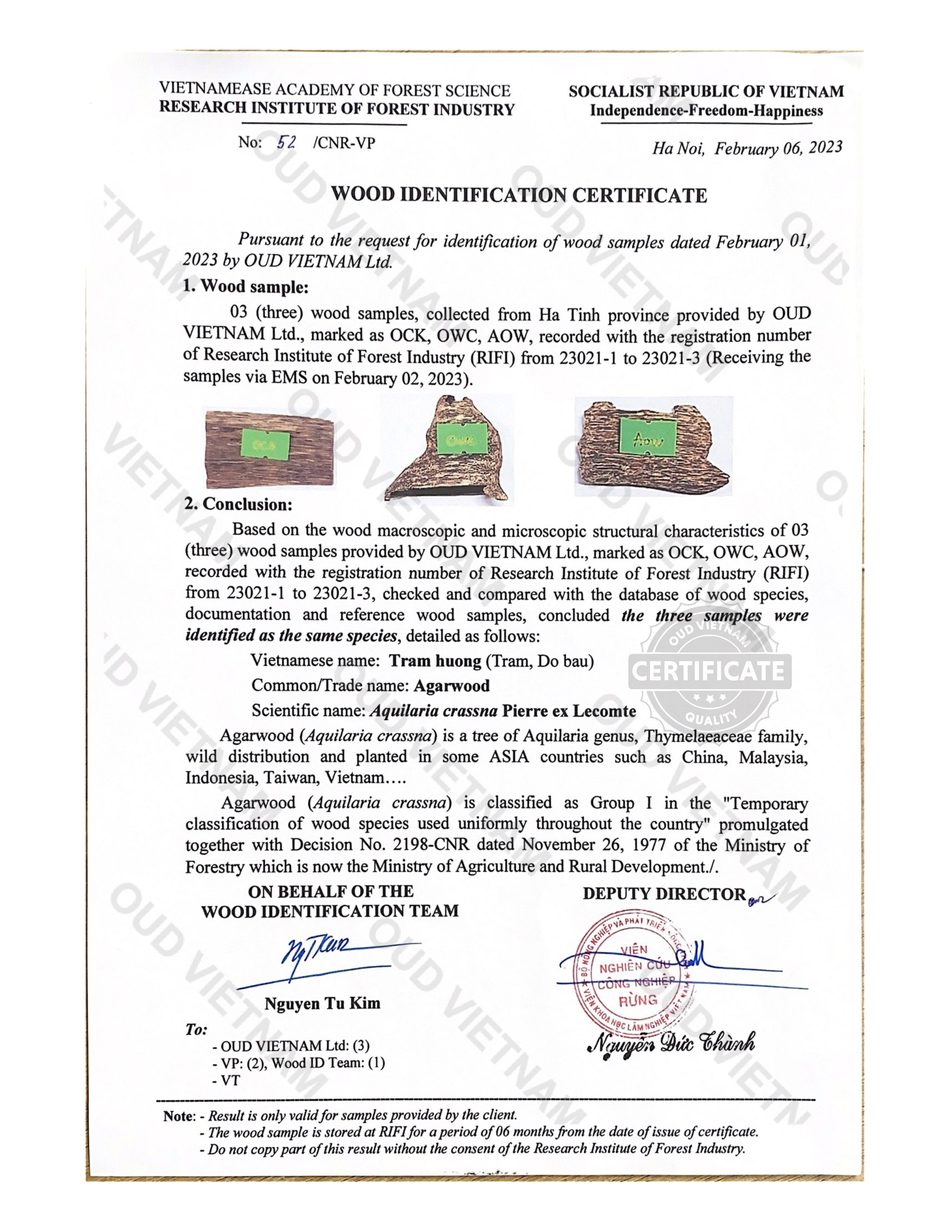 Oud Vietnam Wood Identification Certificate awarded by VAFS.