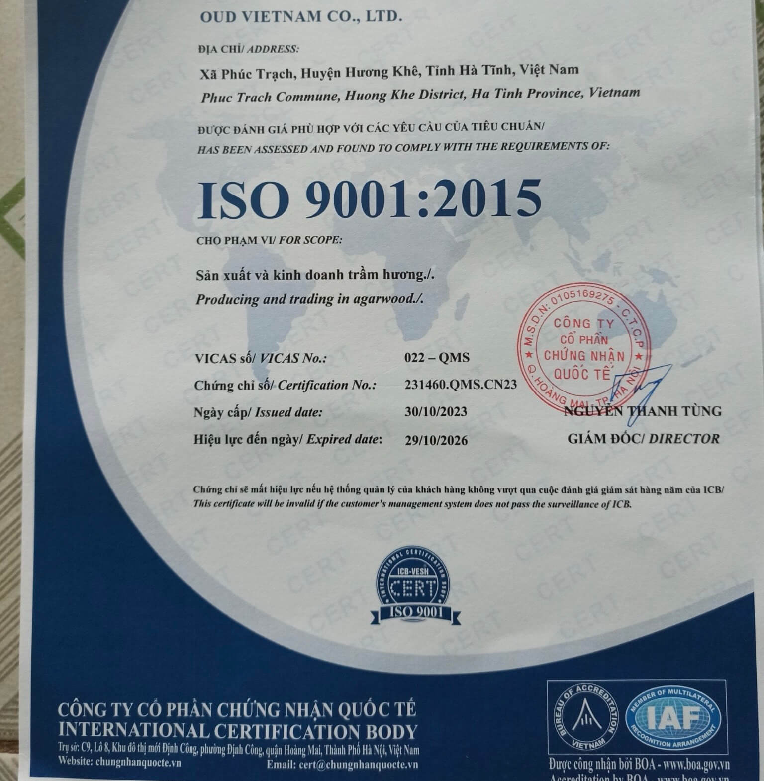 Oud Vietnam got ISO 9001:2015 Certification